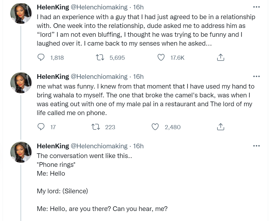 Lady shares her experience with man who asked her to call him lord